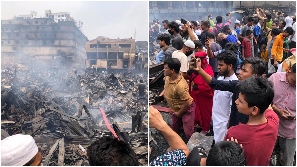 আগুন না থাকলেও এখনো বেরোচ্ছে ধোঁয়া, উৎসুক জনতার ভিড়