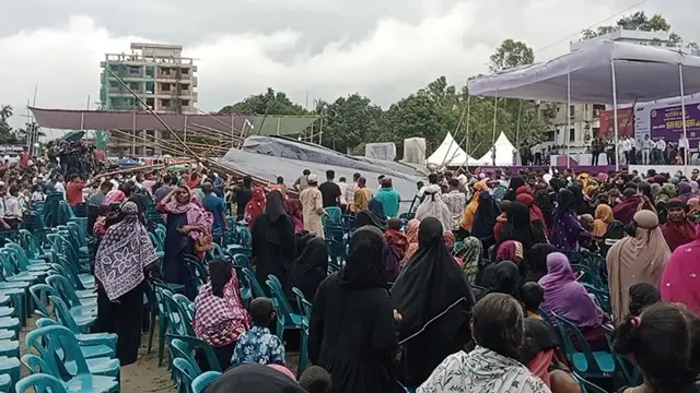শ্রীমঙ্গলে প্রধানমন্ত্রী পৌঁছানোর আগেই বাতাসে ভেঙে পড়ল প্যান্ডেল