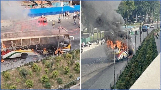 বনানীতে সড়কের মাঝে যাত্রীবাহী বাসে আগুন